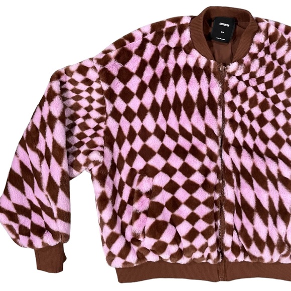 COTTON ON Pink Brown Pattern Faux Fur Bomber Jacket Small - Picture 2 of 12